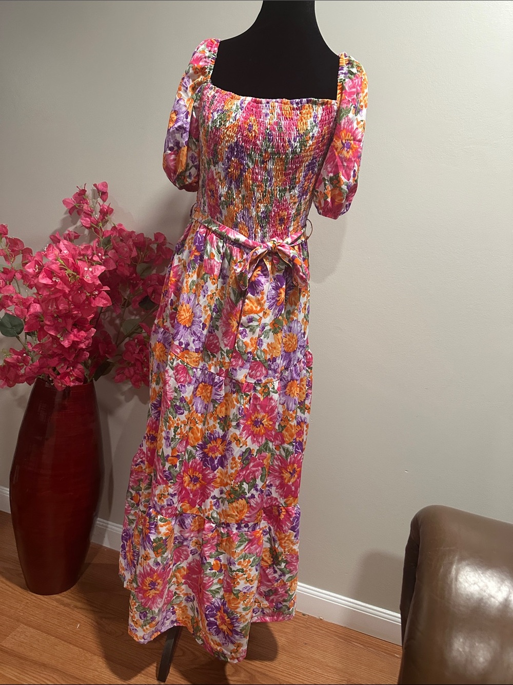 Floral Smocked Midi Dress in Pink & Purple